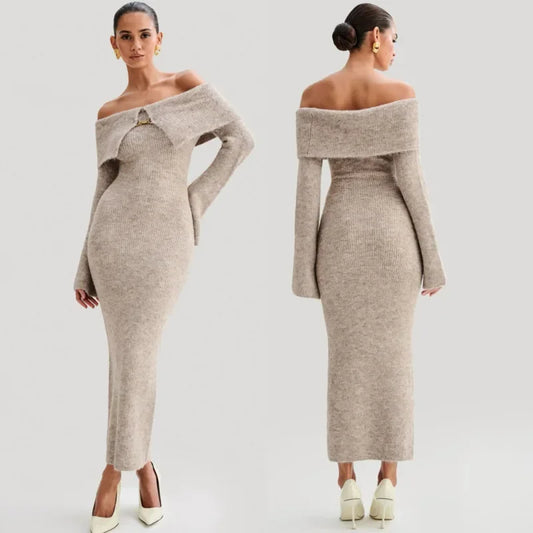 LVSANW Luxury Fluffy Solid Knitted Off Shoulder Midi Dress Women 2025 Fall Winter Elegant Bodycon Flared Long Sleeve Sweater Long Dress