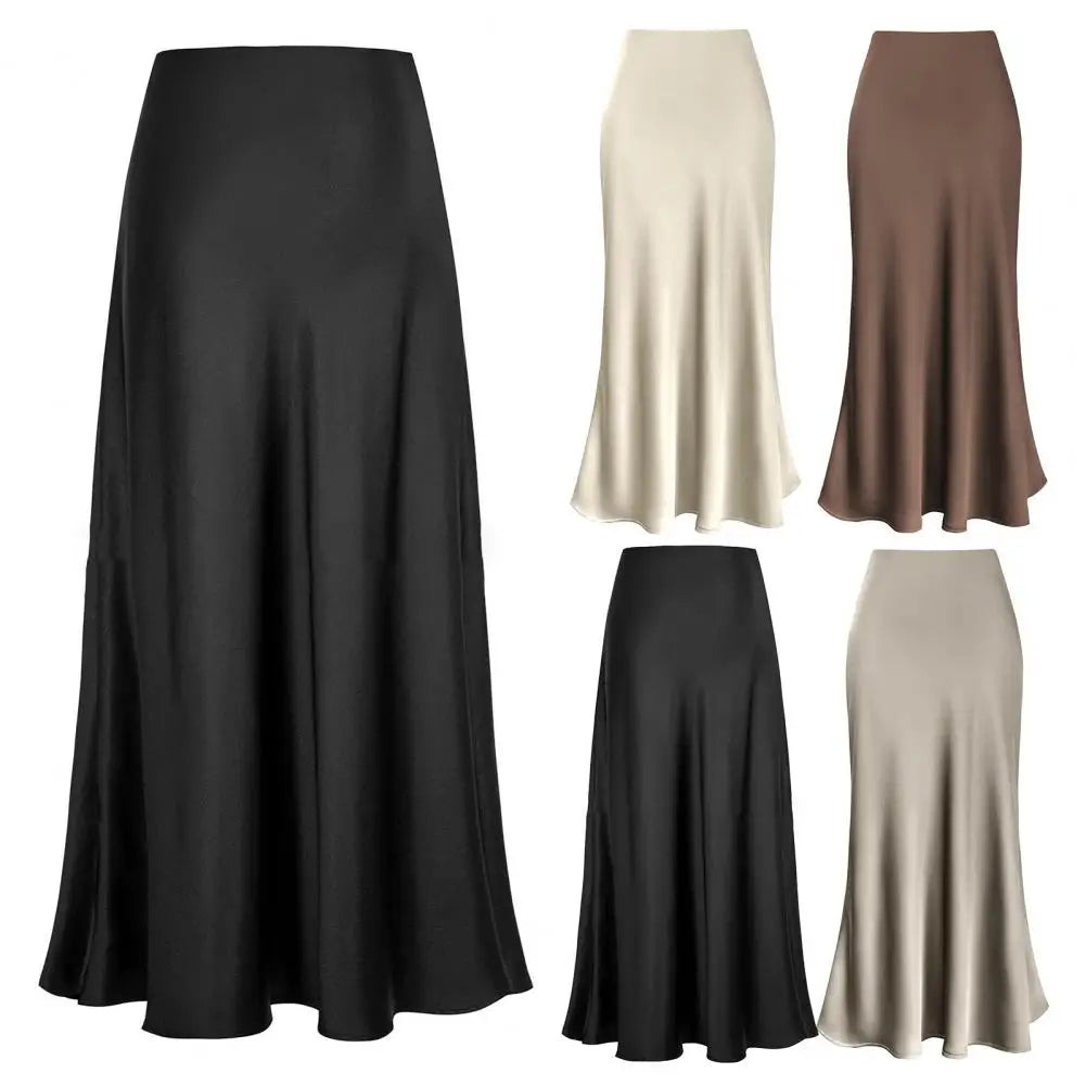 LVSANW Luxury Satin Fish Tail Skirts For Women Summer Solid Color Smooth Traceless Waist Long Skirt Elegant Wrap Skirt