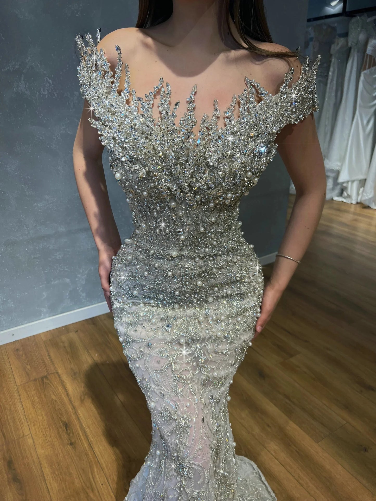 LVSANW Luxury Silver Crystals Stones Strapless Evening Dresses with Detachable Overskirt Pearls Beaded Giltter Big Events Party Gowns