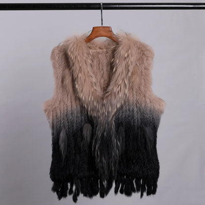 LVSANW Luxury Women's Genuine Premium Long Hair Rabbit Fur Knit Vest Raccoon Fur Trim Gilet Lady Sleeveless Waistcoat Real Fur Jacket