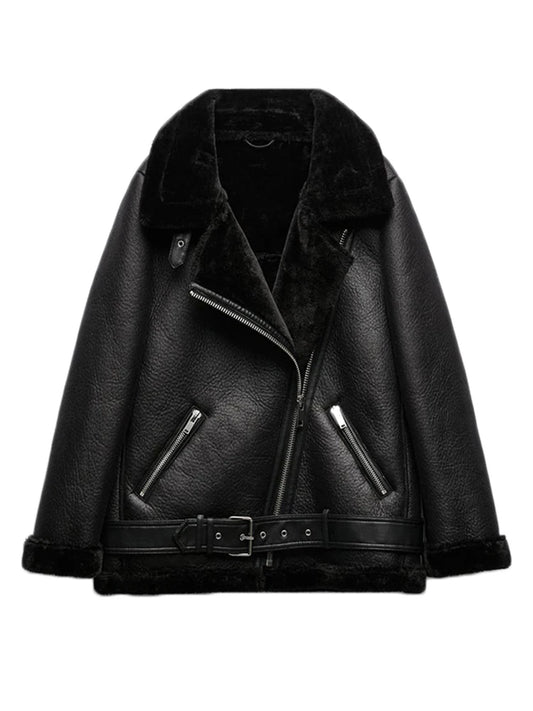 LVSANW Ly Varey Lin Winter Faux Lamb Leather Jacket Women Faux Leather Lambs Wool Fur Collar Pu Moto Zipper Jacket Warm Thick Outerwear