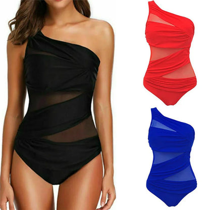 LVSANW M-3XL 4XL Plus Size Swimsuits Women One Shoulder Slim Swimwear For Women Mesh Solid Black Red Blue Push Up Padded Bathing Suits