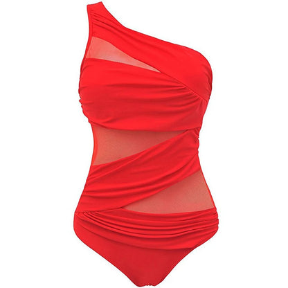 LVSANW M-3XL 4XL Plus Size Swimsuits Women One Shoulder Slim Swimwear For Women Mesh Solid Black Red Blue Push Up Padded Bathing Suits