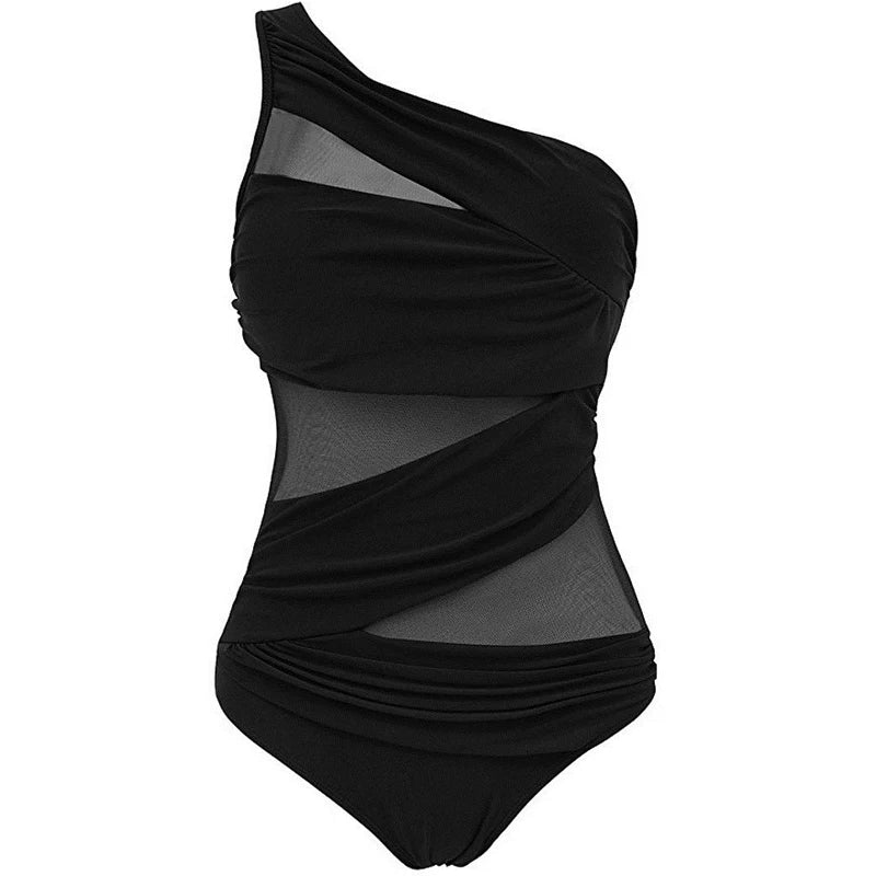 LVSANW M-3XL 4XL Plus Size Swimsuits Women One Shoulder Slim Swimwear For Women Mesh Solid Black Red Blue Push Up Padded Bathing Suits