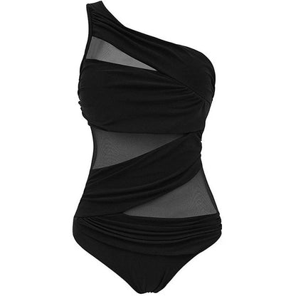 LVSANW M-3XL 4XL Plus Size Swimsuits Women One Shoulder Slim Swimwear For Women Mesh Solid Black Red Blue Push Up Padded Bathing Suits