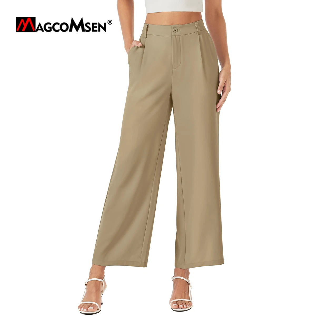 LVSANW MAGCOMSEN Women's Business Casual Pants Narrow Waist Wide Leg Work Dress Pants Summer Lightweight Breathable