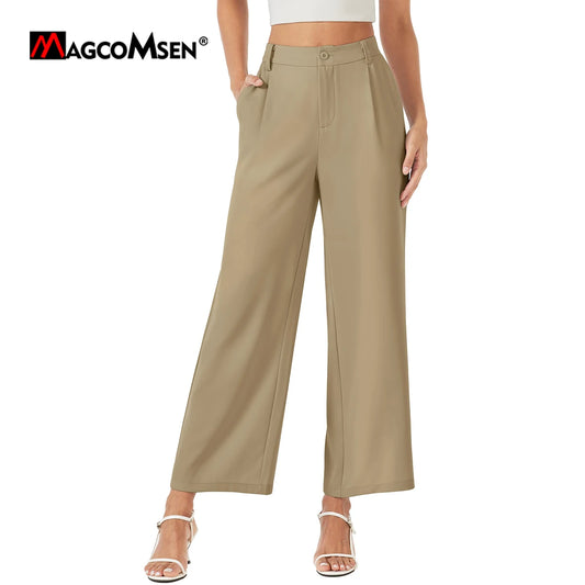 LVSANW MAGCOMSEN Women's Business Casual Pants Narrow Waist Wide Leg Work Dress Pants Summer Lightweight Breathable