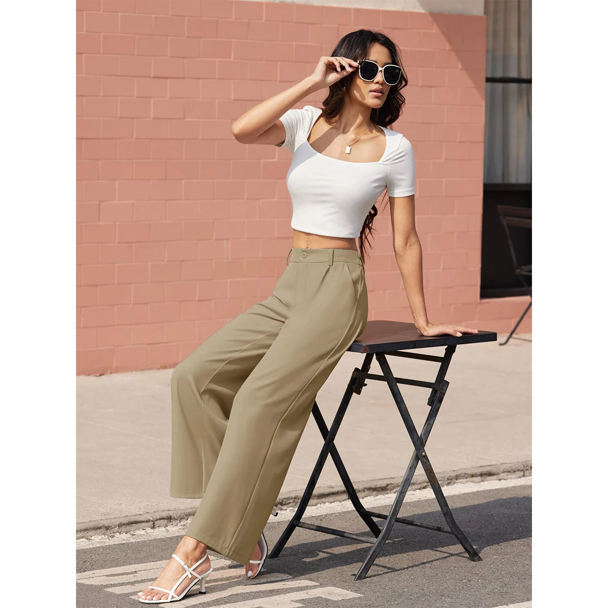 LVSANW MAGCOMSEN Women's Business Casual Pants Narrow Waist Wide Leg Work Dress Pants Summer Lightweight Breathable