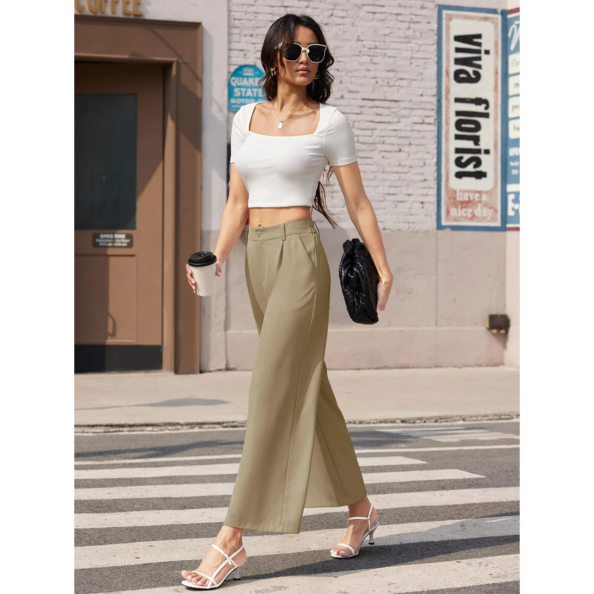 LVSANW MAGCOMSEN Women's Business Casual Pants Narrow Waist Wide Leg Work Dress Pants Summer Lightweight Breathable