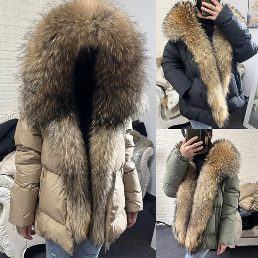 LVSANW MAOMAOKONG 2024 White Duck Down Jacket Winter Women Warm Loose Coat Natural Real Fox Fur Collar Thick Luxury Outerwear parkas