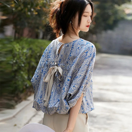 LVSANW MEXZT Elegant Blouses Women Vintage Bow Bandage Print Shirts Office Lady Summer Korean Batwing Sleeve Casual All Match Chic Tops