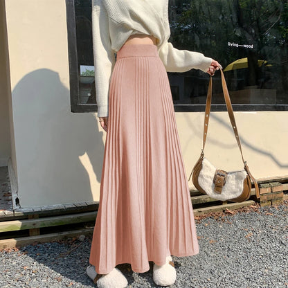 LVSANW MEXZT Elegant Knitted Midi Skirt Women Fashion High Waist Black Pleated Skirts Fall Winter Ladies Korean Slim A Line Skirt New