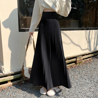 LVSANW MEXZT Elegant Knitted Midi Skirt Women Fashion High Waist Black Pleated Skirts Fall Winter Ladies Korean Slim A Line Skirt New