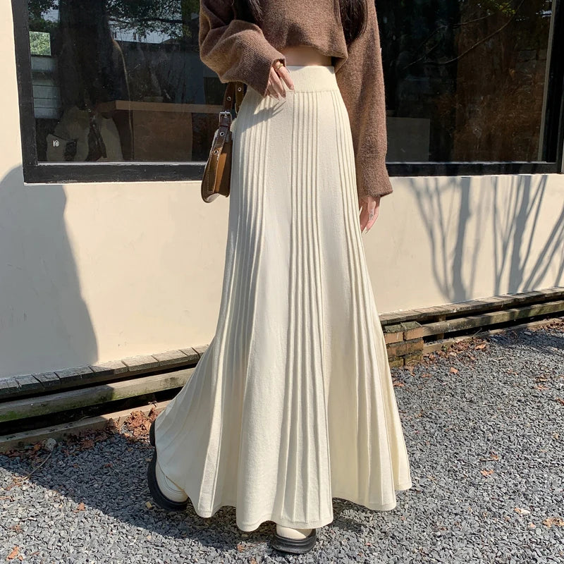 LVSANW MEXZT Elegant Knitted Midi Skirt Women Fashion High Waist Black Pleated Skirts Fall Winter Ladies Korean Slim A Line Skirt New