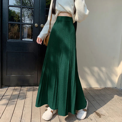 LVSANW MEXZT Elegant Knitted Midi Skirt Women Fashion High Waist Black Pleated Skirts Fall Winter Ladies Korean Slim A Line Skirt New