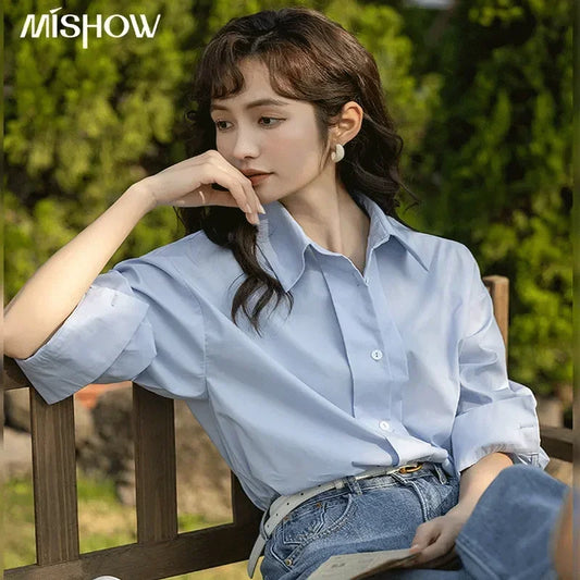 LVSANW MISHOW Women's Loose Shirt Spring Solid Polo-Neck Single Breasted Blouse Office Lady Long Sleeve Tops Clothing Female MXC13C0006