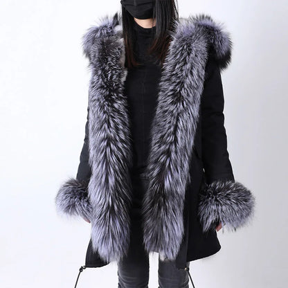 LVSANW Maomaokong 2025 Winter Long Jacket Real Fur Coat Women Clothes Large Fur Collar Detachable Natural Fox Lining Parkas Leather Fur