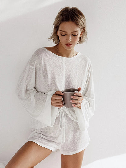 LVSANW Marthaqiqi Casual White Women'S Nightgowns Set O-Neck Sleepwear Long Sleeve Nightwear Shorts Loose Ladies Pajamas 2 Piece Suits