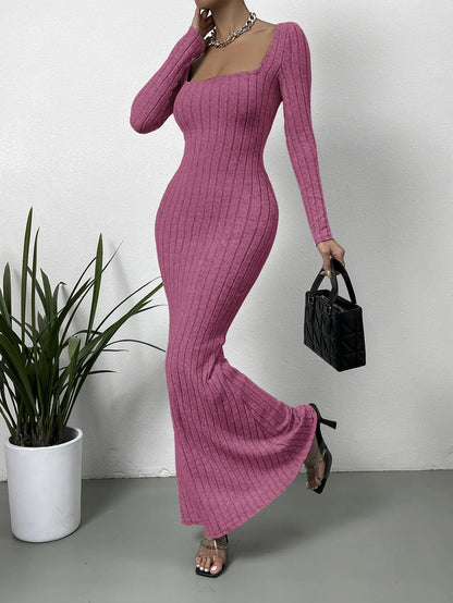 LVSANW Mature Sexy Fashion New Line Neck Low Cut Solid Color Slim-fit All-match Long-sleeved Dress