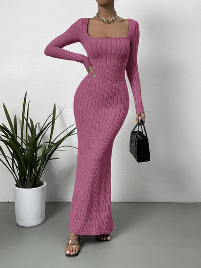 LVSANW Mature Sexy Fashion New Line Neck Low Cut Solid Color Slim-fit All-match Long-sleeved Dress