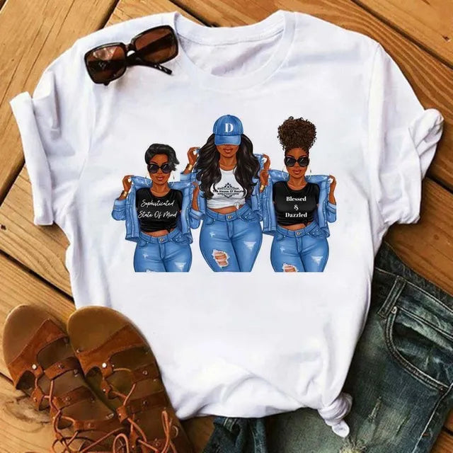 LVSANW Maycaur Fashion Women Black Girl Print Magic T Shirt Summer Short Sleeve Ladies T-shirts 90s Ulzzang Shirt Casual Round Neck Tee