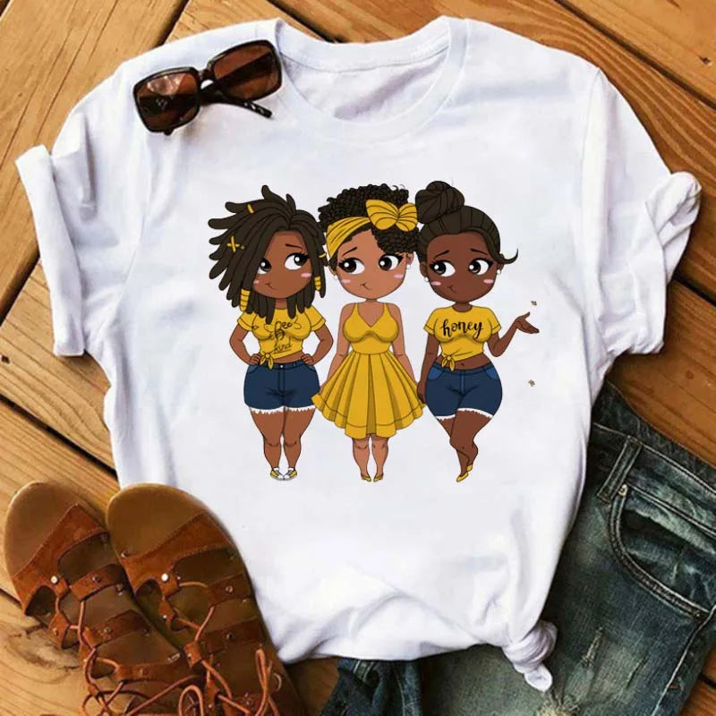 LVSANW Maycaur Fashion Women Black Girl Print Magic T Shirt Summer Short Sleeve Ladies T-shirts 90s Ulzzang Shirt Casual Round Neck Tee