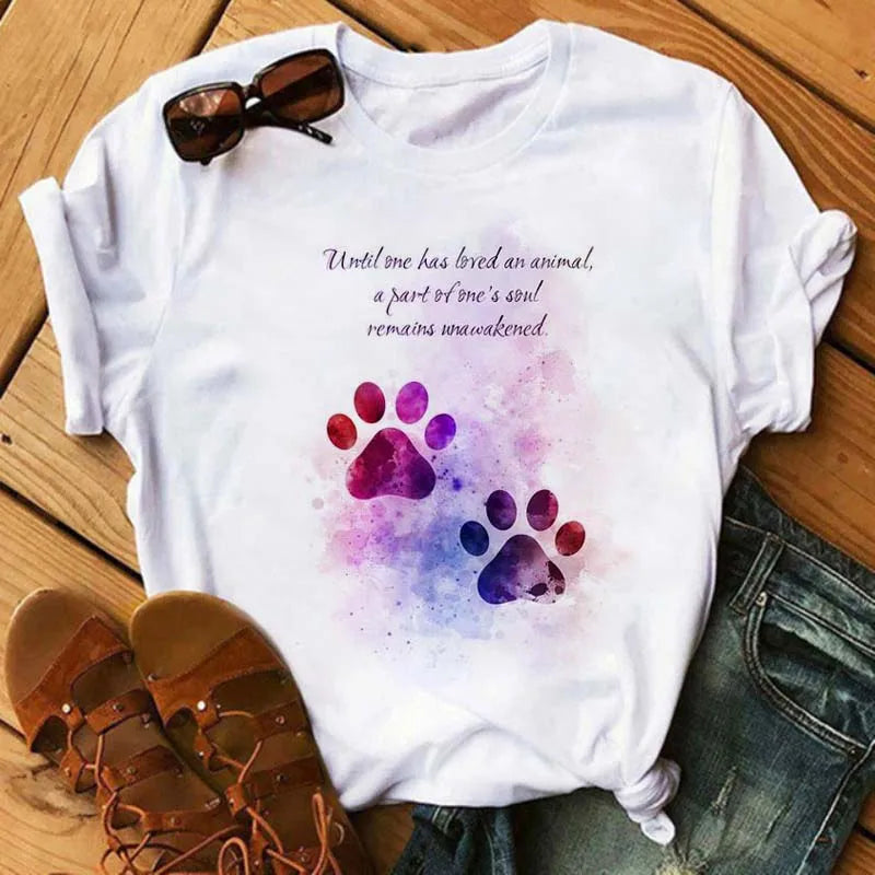 LVSANW Maycaur Fashion Women Dogs Paws T Shirt Peace Love Dogs Funny Casual O-neck Short Sleeves T-shirt Summer Kawaii Female Tee Shirt