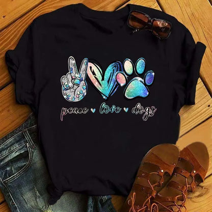 LVSANW Maycaur Fashion Women Dogs Paws T Shirt Peace Love Dogs Funny Casual O-neck Short Sleeves T-shirt Summer Kawaii Female Tee Shirt