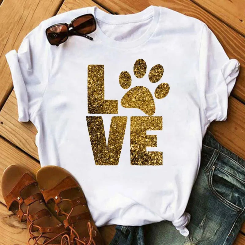 LVSANW Maycaur Fashion Women Dogs Paws T Shirt Peace Love Dogs Funny Casual O-neck Short Sleeves T-shirt Summer Kawaii Female Tee Shirt