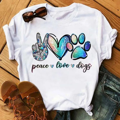 LVSANW Maycaur Fashion Women Dogs Paws T Shirt Peace Love Dogs Funny Casual O-neck Short Sleeves T-shirt Summer Kawaii Female Tee Shirt