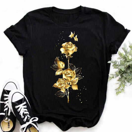 LVSANW Maycaur New Fashion Gold Rose Print Women T Shirt Harajuku Short Sleeves Tshirts Casual O-neck Top Tee Shirt Women Black T-shirt