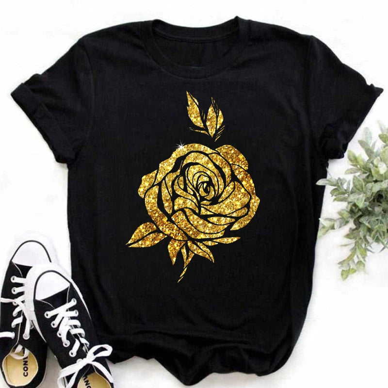 LVSANW Maycaur New Fashion Gold Rose Print Women T Shirt Harajuku Short Sleeves Tshirts Casual O-neck Top Tee Shirt Women Black T-shirt