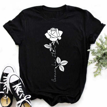 LVSANW Maycaur New Fashion Gold Rose Print Women T Shirt Harajuku Short Sleeves Tshirts Casual O-neck Top Tee Shirt Women Black T-shirt