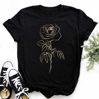 LVSANW Maycaur New Fashion Gold Rose Print Women T Shirt Harajuku Short Sleeves Tshirts Casual O-neck Top Tee Shirt Women Black T-shirt