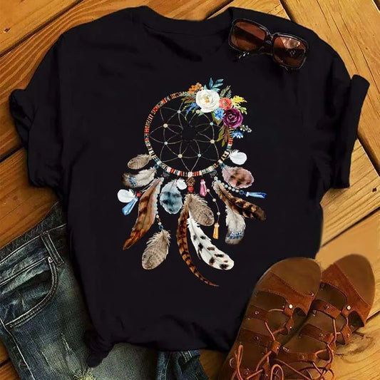 LVSANW Maycaur Women Summer Short Sleeve Dreamcatcher Feather Fashion Print Lady T-shirts Top T Shirt Ladies Womens Graphic Tee T-Shirt