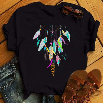 LVSANW Maycaur Women Summer Short Sleeve Dreamcatcher Feather Fashion Print Lady T-shirts Top T Shirt Ladies Womens Graphic Tee T-Shirt