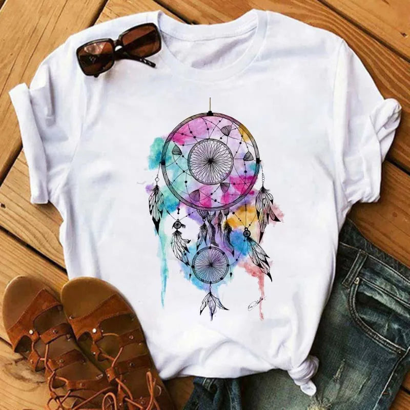 LVSANW Maycaur Women Summer Short Sleeve Dreamcatcher Feather Fashion Print Lady T-shirts Top T Shirt Ladies Womens Graphic Tee T-Shirt