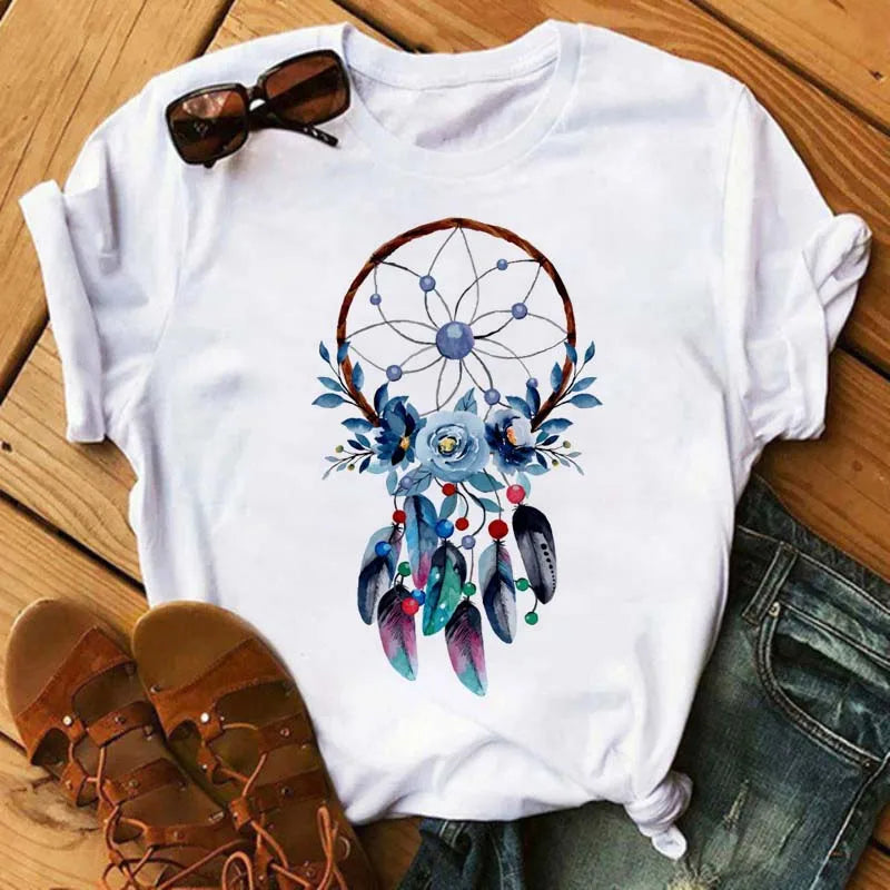 LVSANW Maycaur Women Summer Short Sleeve Dreamcatcher Feather Fashion Print Lady T-shirts Top T Shirt Ladies Womens Graphic Tee T-Shirt