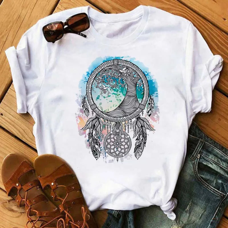 LVSANW Maycaur Women Summer Short Sleeve Dreamcatcher Feather Fashion Print Lady T-shirts Top T Shirt Ladies Womens Graphic Tee T-Shirt