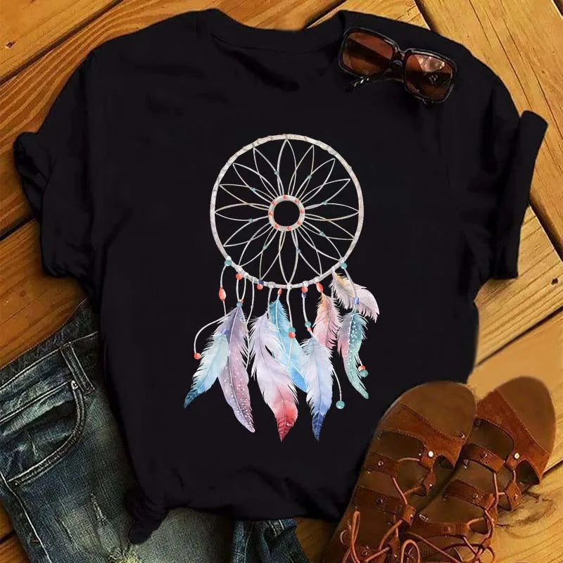 LVSANW Maycaur Women Summer Short Sleeve Dreamcatcher Feather Fashion Print Lady T-shirts Top T Shirt Ladies Womens Graphic Tee T-Shirt