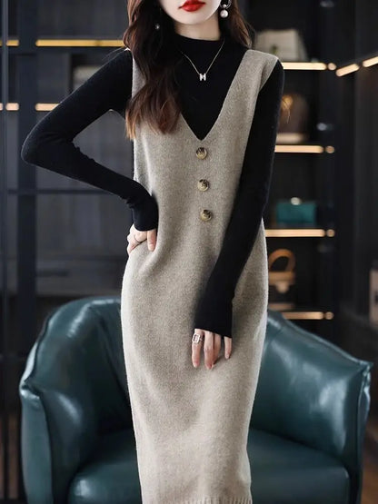 LVSANW Medium to Long Vest Dress Women's New Autumn and Winter Vest Skirt Loose Knit Sleeveless V-neck Fur Dress Versatile