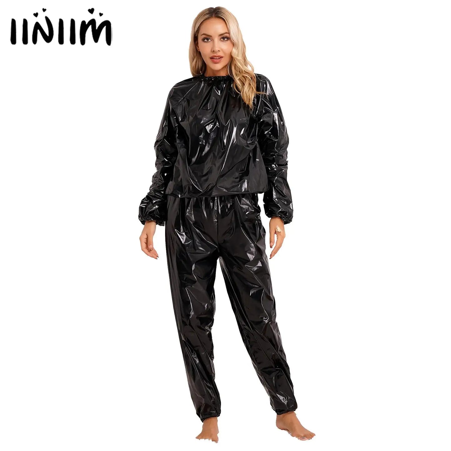 LVSANW Men Women PVC Sauna Suit Long Sleeve Elastic Cuff Top Pants Set Weight Loss Sweat Suit Slimming Fitness Gym Jogging Workout Suit