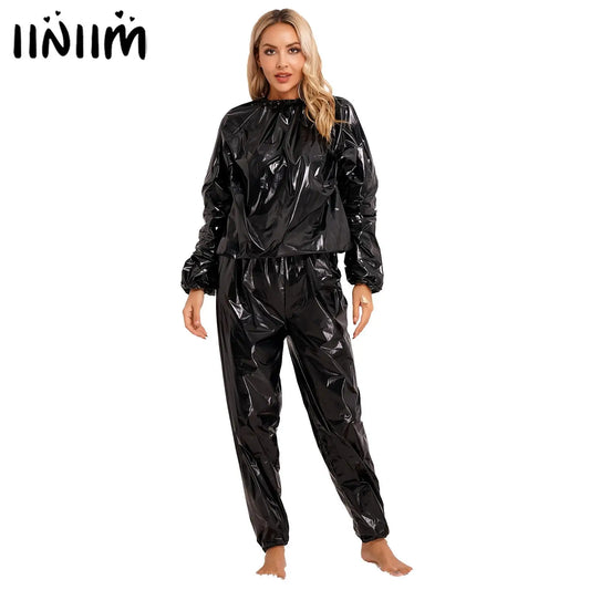 LVSANW Men Women PVC Sauna Suit Long Sleeve Elastic Cuff Top Pants Set Weight Loss Sweat Suit Slimming Fitness Gym Jogging Workout Suit