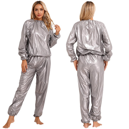 LVSANW Men Women PVC Sauna Suit Long Sleeve Elastic Cuff Top Pants Set Weight Loss Sweat Suit Slimming Fitness Gym Jogging Workout Suit