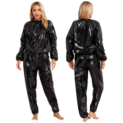 LVSANW Men Women PVC Sauna Suit Long Sleeve Elastic Cuff Top Pants Set Weight Loss Sweat Suit Slimming Fitness Gym Jogging Workout Suit