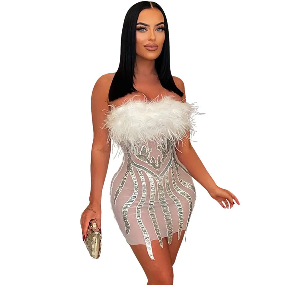 LVSANW Mesh Feather Sequin Sexy Short Prom Corset Dress See Through Night Club Outfits Evening Gown Wedding Party Bodycon Wrap Dresses