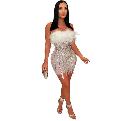 LVSANW Mesh Feather Sequin Sexy Short Prom Corset Dress See Through Night Club Outfits Evening Gown Wedding Party Bodycon Wrap Dresses