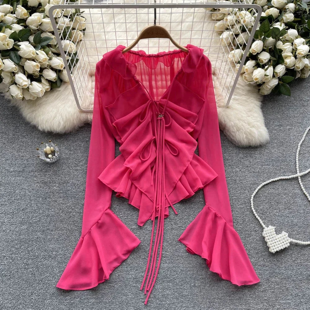 LVSANW Mesh Sheer Tie Up Crop Tops Women Long Flare Sleeve V Neck Ruffle Tops and Blouse Summer See Through Sexy Casual Shirts Female