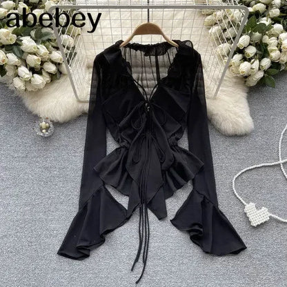 LVSANW Mesh Sheer Tie Up Crop Tops Women Long Flare Sleeve V Neck Ruffle Tops and Blouse Summer See Through Sexy Casual Shirts Female