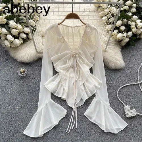 LVSANW Mesh Sheer Tie Up Crop Tops Women Long Flare Sleeve V Neck Ruffle Tops and Blouse Summer See Through Sexy Casual Shirts Female